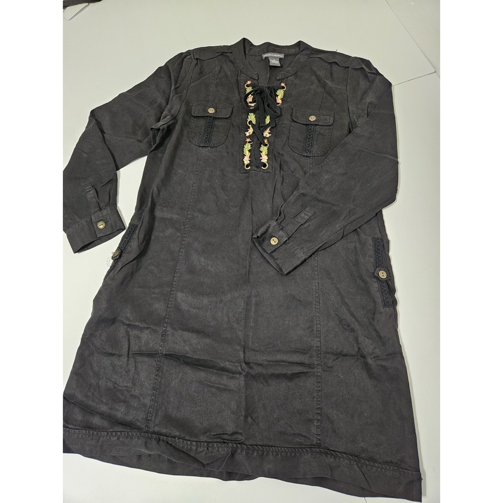 Chelsea & Theodore Embroidered Black Tencel Boho Tunic Dress Womens Size Medium